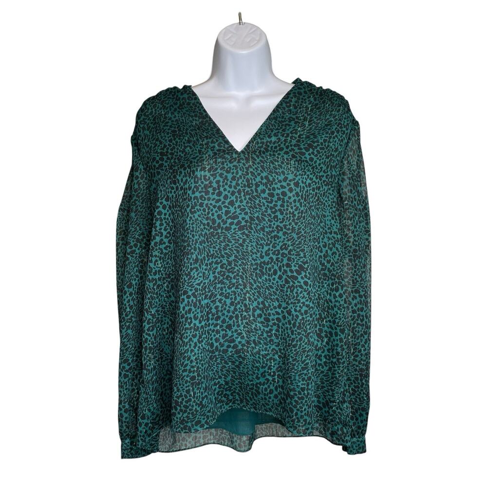 Hobbs Women's Teal Green Leopard‎ Print Blouse Size 12 Old Money Career Classic
